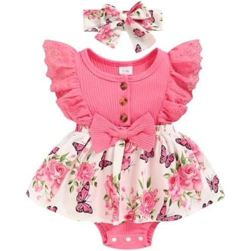 Sinhoon Baby Girl Clothes Newborn Ruffled Sleeveless Romper Floral Dreesy Bodysuit Heaedband 3pcs Baby Girl Summer Clothes