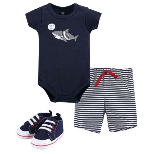 Hudson Baby Infant Boy Cotton Bodysuit, Shorts and Shoe 3pc Set, Blue Shark, 6-9 Months