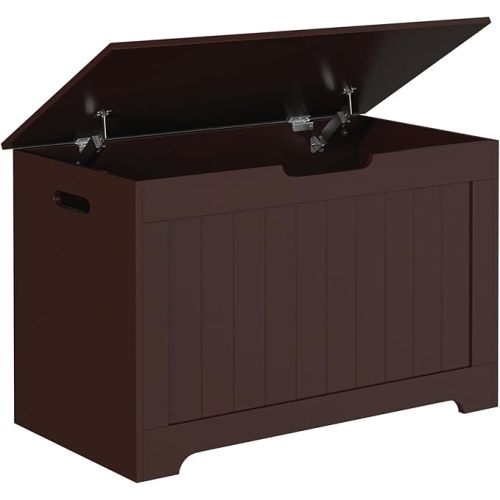 Epetlover Storage Chest Wooden Storage Box with Flip-top Lid & Safety Hinge, Living Room BedroomOrganizer, Entryway Bench with 100L Storing Area, Brown