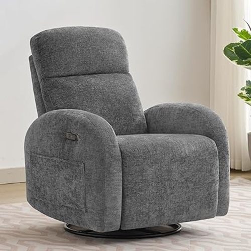 Power Nursery Recliner Swivel Glider, Chenille Glider Rocking Recliner with USB & Type-C Port, High Back Swivel Reclining Rocker with Double Pockets for Living Room, Black