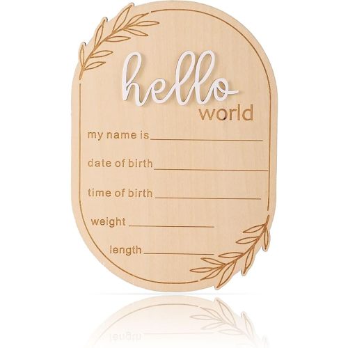 Baby Announcement Sign, 5.91x4.13in Hello World Wooden Newborn Name Sign for Birth Photo Props Baby Shower Hospital Nursery Decor Personalized Birth Keepsake (White)