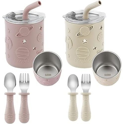 PandaEar 2 Pack Stainless Steel Toddler Cups with Lids and Silicone Sleeves & 2 Pack Spoons and Forks Set, 8.8 oz Spill Proof Sippy Cups with Straw Stopper, BPA-Free (Light Pink/Linen)
