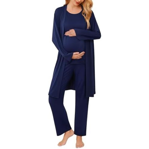 Ekouaer Maternity Nursing Robe Set 3 Pieces Sleeveless Top, Pregnancy Pants & Robe Double Layer Pajamas S-XXL