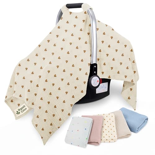 100% Organic Muslin Cotton Car Seat Cover 35 x 50 Inches Soft Touch Breathable Canopy, Protective Car Seat Cover Baby All Seasons Lightweight Car Seat Cover Travel Comfort (Beige Hearts)