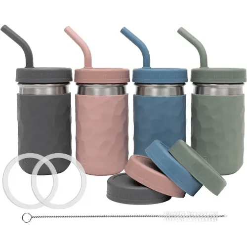 WeeSprout 2-in-1 Drinking Cups for Kids, Durable Stainless Steel Tumbler for Smoothies, Silicone Straws with Stoppers, Premium Plastic Twist Lids, Easy-Grip Sleeves, Set of 4 Dishwasher Safe Kid Cups