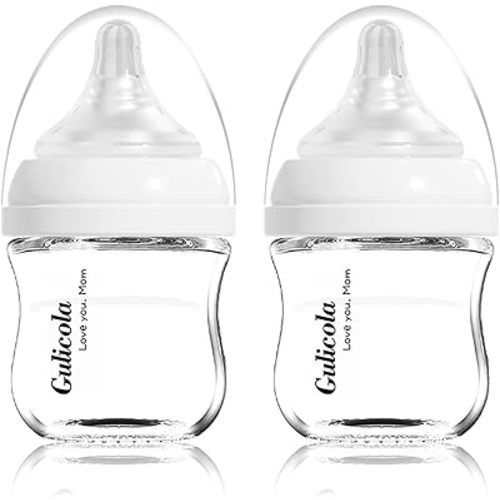 Small Glass Baby Bottle for Newborn Breastfeeding Babies, Preemie & Extra Slow Flow Nipples (SS), Anti-Colic, Breast-Like, 0 Months+, 3 oz, 2 Pack - White