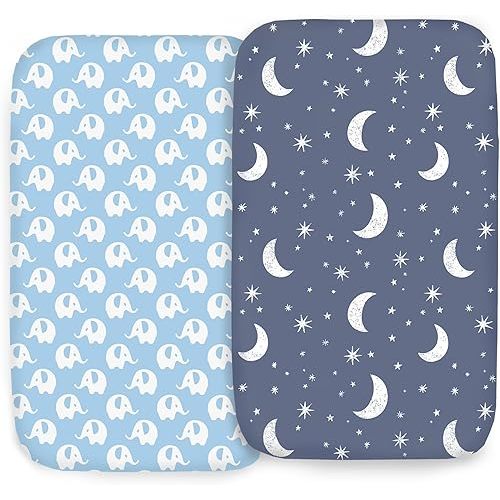 100% Organic Cotton 2 Pk Bedside Sleeper Bassinet Fitted Mattress Sheets for Mika Micky, Baby Delight, Ronbei, Chicco, KoolerThings, Cloud Baby, AMKE, Angelbliss, Maxi-COSI, Arm's Reach and More. Boy