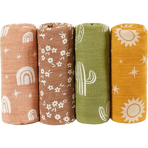 4 Set Muslin Swaddle Blankets for Newborn Baby Boys, Girls,Receiving Blankets-Cute Soft Print Baby Towel Wrap 120x110cm Baby(Cactus)