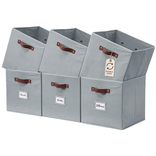 DECOMOMO Storage Bins, Cube Storage Bin with Labels, Fabric Storage Cubes for Shelves (10.5" x 11" / 6pcs, Grey)