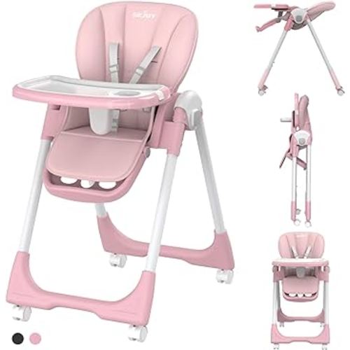 Baby High Chair with 4 Wheels for Babies & Toddlers,for 6 Months-6 Years,Up to 110 LBs/50kg,Removable Dishwasher Meal Tray,Adjustable Backrest Footrest Tray Positions Seat Heights (Pink)
