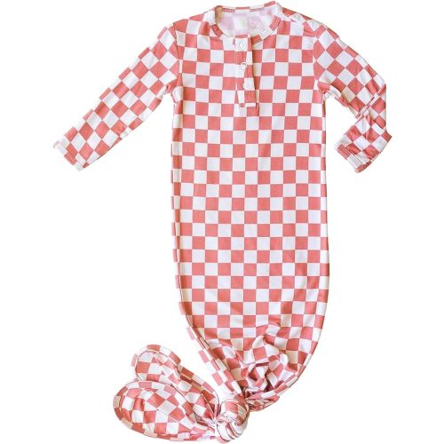 Checkered Knotted Gown Baby Newborn, Viscose derived from Bamboo, Infant Sleeper with Mittens, Baby Girl, Baby Boy - Pink Checkered