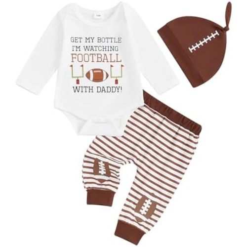 Newborn Baby Boy Football Outfit Get My Bottle I'm Watching Football with Daddy Romper Pants Set Hat Fall Clothes