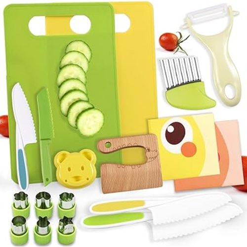 18 Pieces Montessori Kitchen Tools Cookware Baking Toy for Toddlers Kids, Toddler Safe Knife Set for Real Cooking, w/ Cutting Boards, Crinkle Cutter, Peeler, Serrated Edges and Wooden Safe Knives
