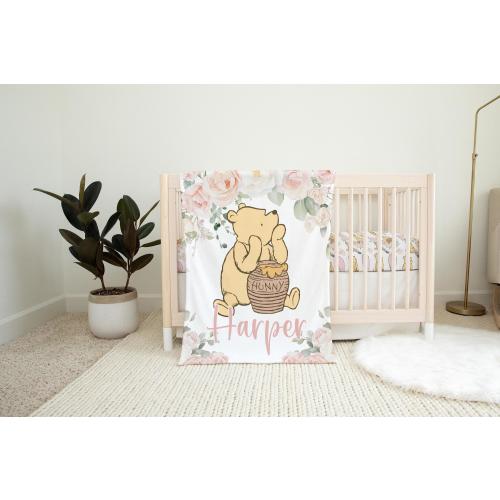 Winnie-the-Pooh Crib Bedding Set Girl, Pink Baby Girl Bedding, Classic Winnie-the-Pooh Nursery Decor, Vintage Baby Bedding Floral Crib Sets