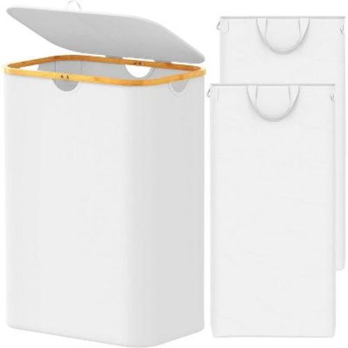 Laundry Hamper 2-compartment with 2 Removable Bags, 160L Collapsible Basket with Lid and Bamboo Handles – SpaceAid