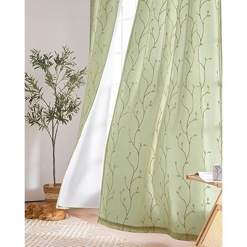 jinchan Boho Lined Sheer Curtains Floral Embroidered Sheers for Bedroom 63 Inch Length Embroidery Voile Leaf Drapes for Living Room Light Filtering Privacy Window Curtains 2 Panels Green