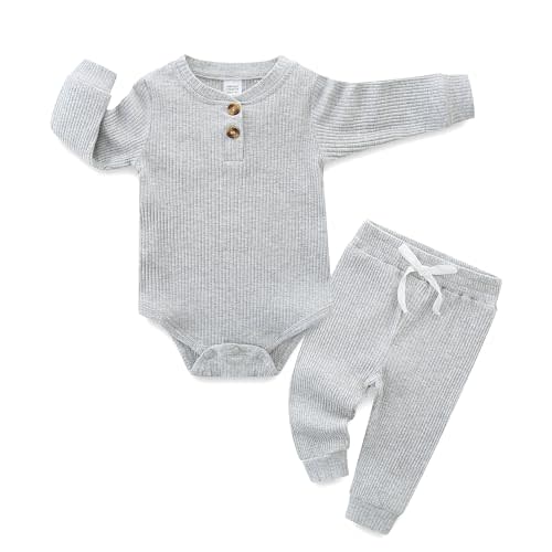 Hikido Newborn Baby Boy Girl Clothes Infant Ribbed Romper Cotton Long Sleeve Pant Sets for 0~18M Infant