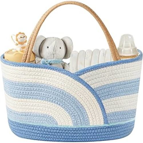 Baby Diaper Caddy Organizer - Portable Cotton Rope Diaper Caddy Basket for Nursery, Gift for Baby Shower List, Storage for Diapers, Wipes, Toys & Newborn Essentials (Blue/White)
