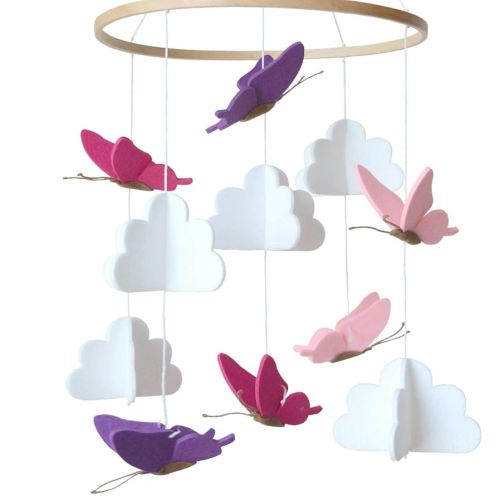 Baby Crib Mobile - Butterflies in The Clouds Nursery Crib Decoration for Girls & Boys - Pink & Purple