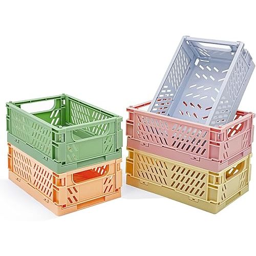 MONKISS 5-Pack Small Foldable Storage Bins for Desk Organization, Stackable Mini Plastic Storage Crates for Home Office Organizer, Folding Small Storage Basket Containers (L5.9" x W3.8" x H2.2")