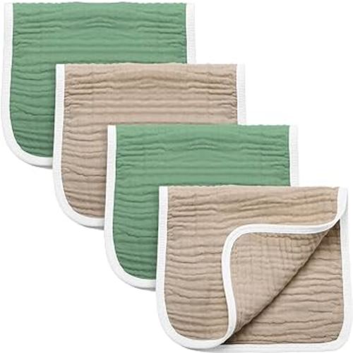 Synrroe Burp Cloths Large, Muslin Burp Cloths for Baby Girls and Boys, Pack of 4 Extra Absorbent and Soft Muslin Bibs, 6 Layers 20 by 10 Inches 100% Cotton (Brown-Green 4 Pack)