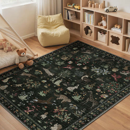 Aven Machine Washable Forest Animal Dark Green Rugs