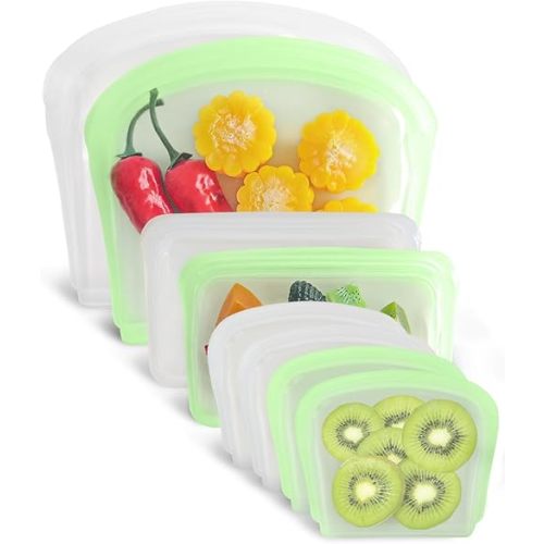 Reusable Silicone Storage Bag, 8Pack Silicone Pocket, Snack, and Sandwich Bag, Endurables Silicone Ziplock Bags for Food Storage, Freezer, Microwave, Oven, Dishwasher Safe (Clear & Mint Green)