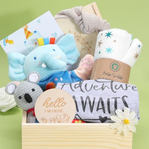 Baby Boy Gifts, for Boys,New Born Baby Boys Gift,Valentine's Day Baby Boy Gift Basket,Unique Baby Gift Essential Stuff,Gender Reveal Gifts,Rattle Swaddle Blanket Baby Boy Gifts
