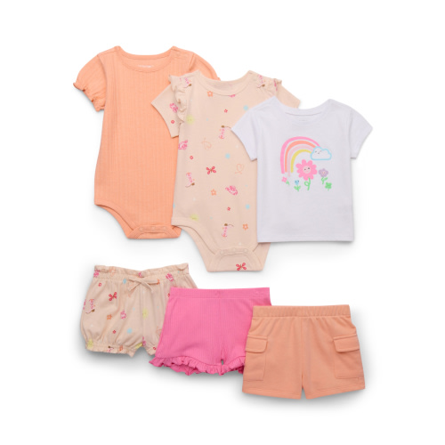 Garanimals Baby Girls Bodysuits, Tee and Shorts Outfits Set, 6-Piece, Sizes 0-24M
