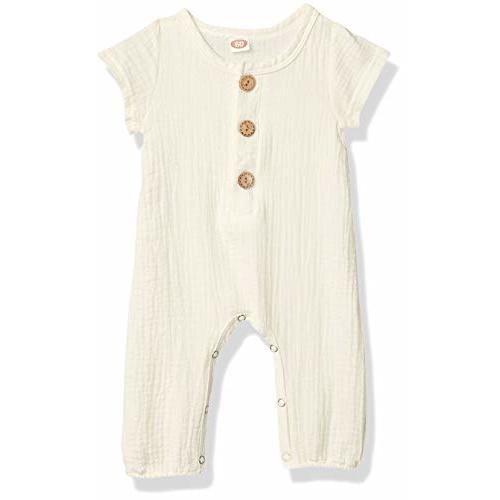 Baby Jumpsuit Cotton Linen Solid Romper Short Sleeve One-Piece Bodysuit - White