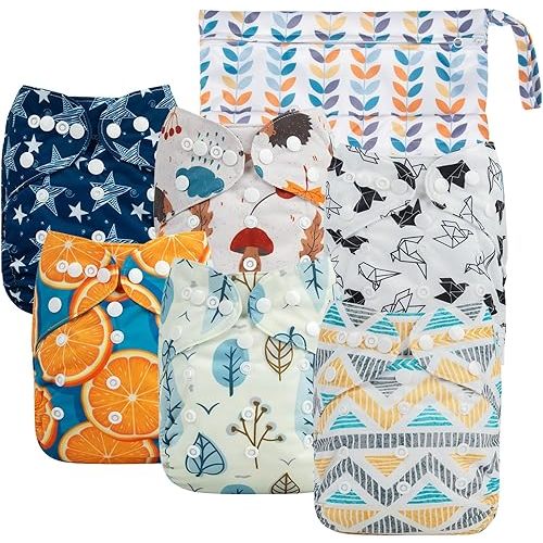 babygoal Cloth Diaper Covers 6 Pack with Wet Bag for Fitted Diapers and Prefolds with Double Gussets, Adjustable and Reusable for Baby Boys 6DCF05