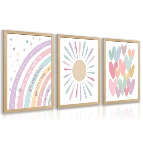 LLEEMPI Pink Heart Sun Rainbow Wall Art Set of 3, Baby Room Wall Decor, Boho Rainbow Nursery Canvas Painting, Classic Minimalist Poster Prints for Bedroom Bathroom Classroom Wood Framed 12x16 Inch