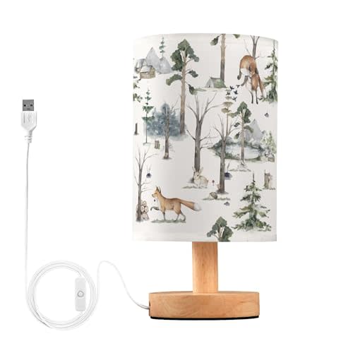 YYZZH Table Lamp Watercolor Woodland Animal Pattern Fox Rabbit Hedgehog Bird Nightstand Lamp with Wood Base Fabric Lamp Shade Bedside Desk Lamp for Living Room Bedroom Kids Room Office
