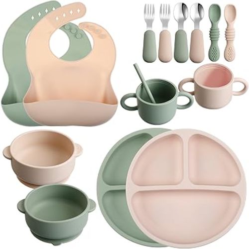 16 Pcs Baby Led Weaning Supplies Silicone Baby Feeding Set Baby Plates with Suction Baby Utensils with Divided Adjustable Bib Bowl Cutlery Snack Cup Spoons Straw 6 Months+ (Military Green, Beige)