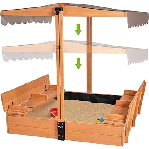 Kids Wooden Outdoor Sandbox w/Canopy, 2 Foldable Bench Seats, Retractable Roof Sand Protection Liner 47x47-Inch