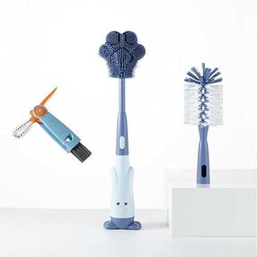 Cup Cleaning Brush, Silicone Baby Bottle Brush with Stand, Large Handle Water Bottle Brush Cleaner Set, with One Tiny Cup Lid Gap Cleaning Brushes Kit, Pawprint, Blue