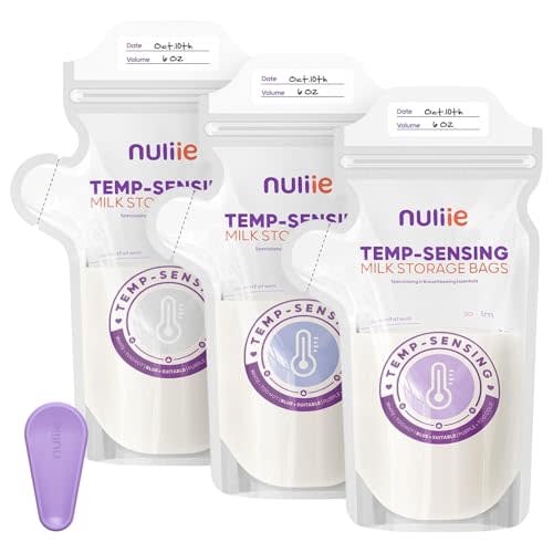 Nuliie 240pcs Temp-Sensing Breastmilk Storage Bag, Huge Temp-Sensing Icon & Locking Clamp, 6oz Breast Milk Storage Bags Freezer Pour Spout, Self Standing Milk Storage Bags Breastmilk, BPA-Free No-Leak