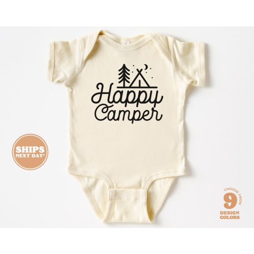 Baby Bodysuit - Happy Camper Bodysuit - Cute Retro Gender Neutral Natural Baby Bodysuit #5675-C