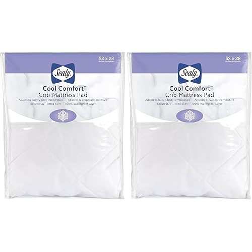 Sealy Baby Cool Comfort Fitted Waterproof Infant Cooling Crib Mattress Protector Pad and Toddler Bed Cover, Durable and Comfortable Topper, Machine Washable and Dryer Friendly, 52” x 28”- White