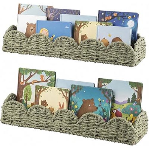 AceOrbit 2 Pcs Floating Bookshelf for Kids Scalloped Handwoven Rattan Floating Nursery Book Shelves Sage Green Boho Nurserywall Mounted Book Shelf for Baby Girls Boys Room Decor
