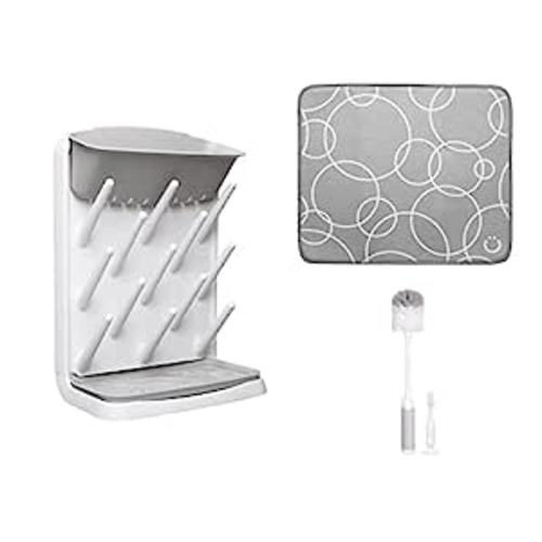 Ubbi Vertical Bottle Drying Rack, Bottle Brush & Microfiber Drying Mat Bundle, Newborn Baby Essentials, Baby Registry Must Haves, New Parent Gifts, Gray : Baby