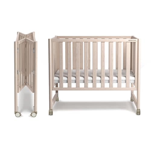MAMAZING EvoNook 6-in-1 Convertible Mini Crib - Easy Assembly, Portable Folding Baby Mini Crib with Wheels, 100% New Zealand Pinewood, 4 Adjustable Mattress Heights, Washed Nature with Wheels