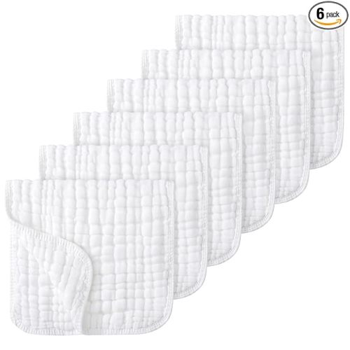 Looxii Muslin Burp Cloths Baby Girl 6 Pack - 20" x 10" - Ultra Soft & Absorbent, 6-Layer 100% Cotton for Spit Up & Drool- Gentle Baby Burping Cloth, Newborn Essentials Shower Gift Girl, White