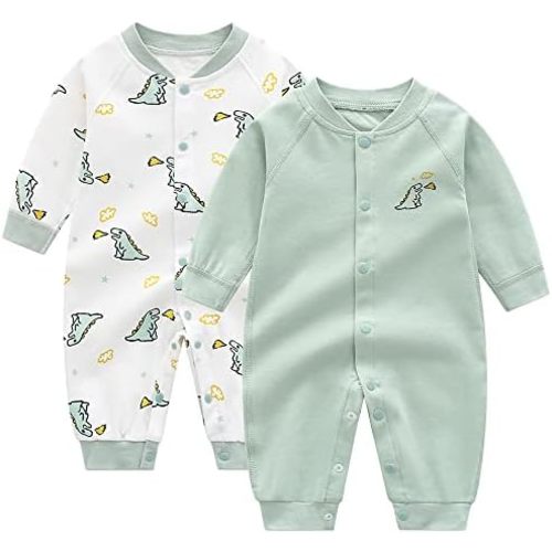 Newborn Baby Boys 2 Pack Cotton Romper Outfits Infant Long Sleeve One-Piece Toddler Button Jumpsuits