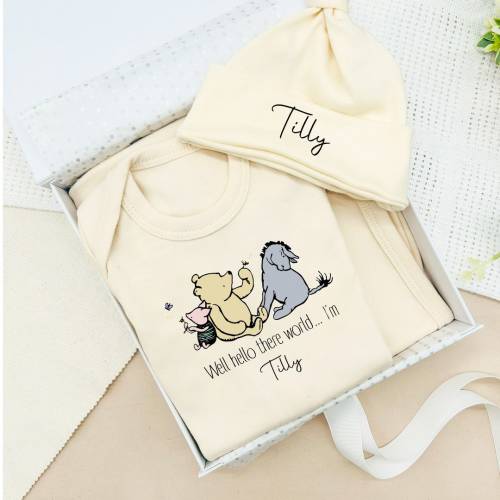 Personalised Hello There Pooh Bear Hamper New Baby Girl Boy Clothing Gift Set Babygrow Hat Blanket Gift Box Coming Home Present Baby Shower