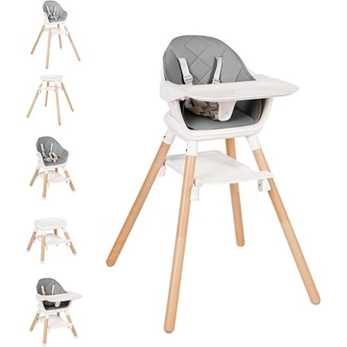 High Chair, 6 in 1 Wooden Convertible High Chairs for Babies and Toddlers, Booster Seat with Double Tray & Reversible Footrest Baby Highchair, 5-Point Harness Baby Feeding Chair, Grey