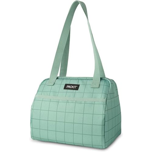 PackIt Freezable Hampton Lunch Bag, Sports Grid Sage, Built with ECOFREEZE Technology, Collapsible, Reusable, Zip Closure with Front Pocket and Shoulder Straps, Designed for Fresh Office Lunches