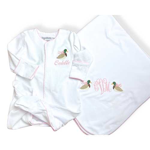 Personalized Baby Girl Duck Footie and/or Blanket Gift Set with Pink Picot Trim – 100% Cotton Comfort