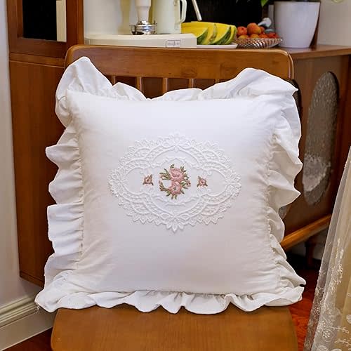 vctops Boho White Cotton Pillow Covers 18x18 Inch Lace Embroidery Ruffle Pillow Covers Vintage Square Couch Cushion Case for Wedding Chair Sofa Living Room (SRH White,18"x18")