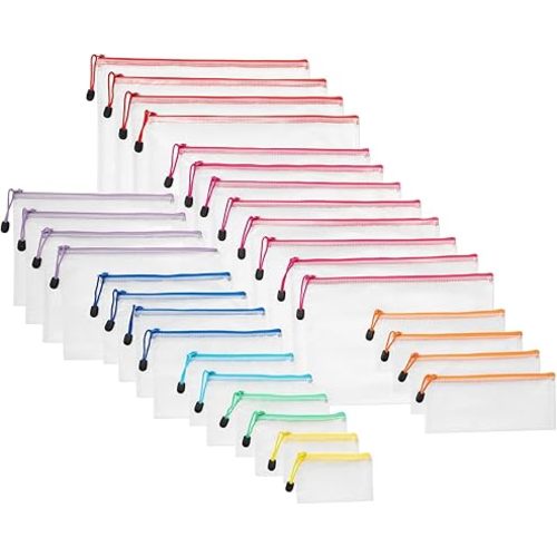 Amazon Basics 30-Pack Mesh Zipper Pouch Bags, 8 Sizes Waterproof Storage Organizers with Zipper, Multipurpose Clear Travel Document Bags for Office Home School Organization (8 Colors)